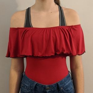 red off-shoulder bodysuit